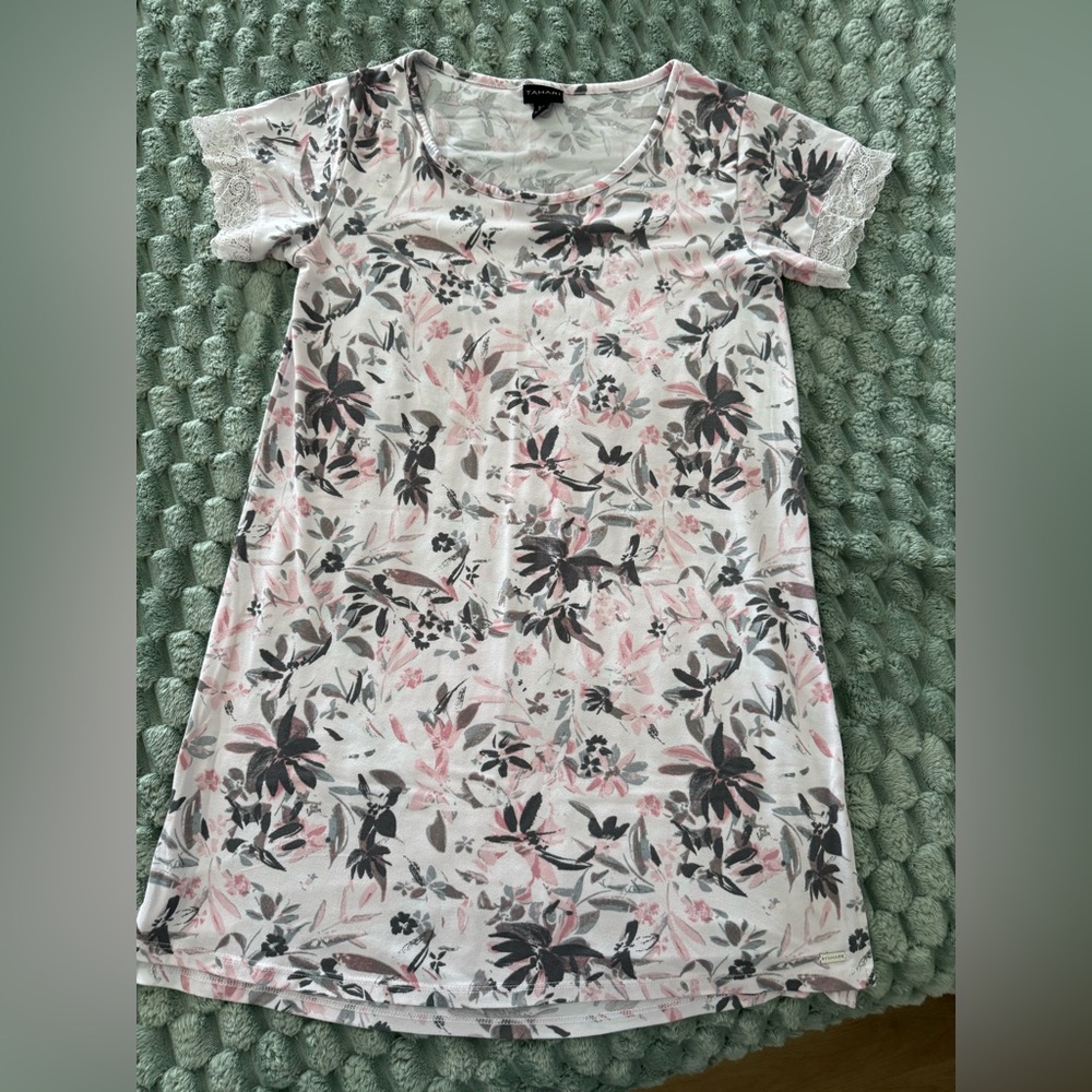 Tahari Floral Print Nightgown - Pink and Gray